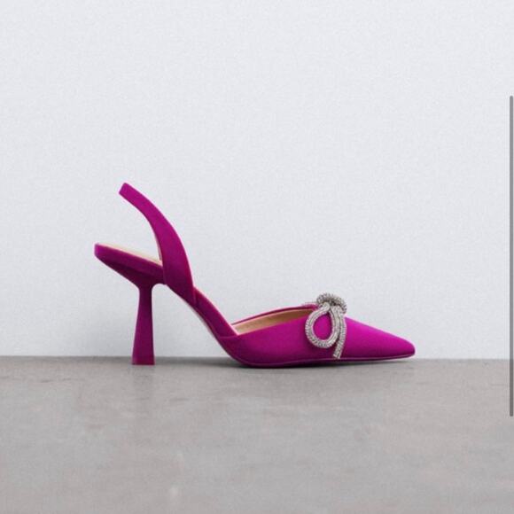 Zara Shoes - Zara Pink Slingback Heel Satin Effect Rhinestone Bow Shoes